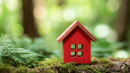 A red wooden house model is centered on a mossy log in a vibrant green forest. Sunlight streams through the trees, creating a serene and tranquil atmosphere.の素材