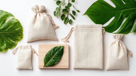A collection of natural fabric bags is artistically arranged alongside various green leaves. This display emphasizes organic design and sustainable packaging options.の素材