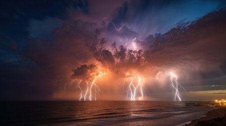 A powerful storm brews over the ocean, showcasing mesmerizing lightning strikes that illuminate the night sky.の素材
