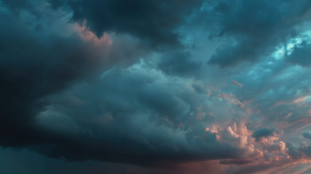 Dark storm clouds fill the sky just before sunset, blending shades of blue and pink. The atmosphere is tense as nature prepares for an impending storm, highlighting the beauty of changing weather.の素材