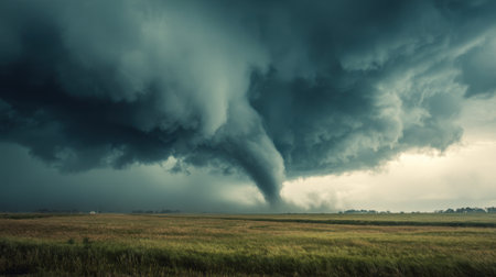 Dark, swirling clouds create a striking tornado funnel above vast, green fields, illustrating the intense forces of nature during a threatening storm, typical of spring weather.の素材