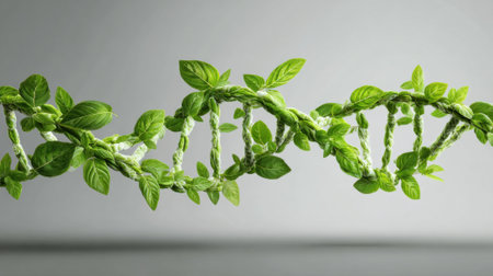 A unique structure resembling DNA is formed by intertwined green leaves against a light gray background. This artwork symbolizes the connection between genetics and nature, emphasizing sustainability.の素材