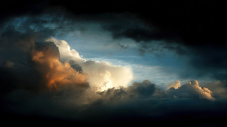 Wispy clouds in shades of gray and orange stretch across the sky as the sun sets. The interplay of light and shadow adds depth to the evening sky, creating a captivating vista.の素材