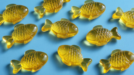 Bright yellow gummy fish are scattered across a light blue background. Their playful design features scales and fins, inviting a sense of fun and nostalgia for candy lovers.の素材