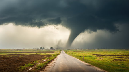 A powerful tornado forms in the distance, swirling ominously over open fields. Dark storm clouds loom overhead as a serene rural road stretches ahead, highlighting nature's contrast.の素材