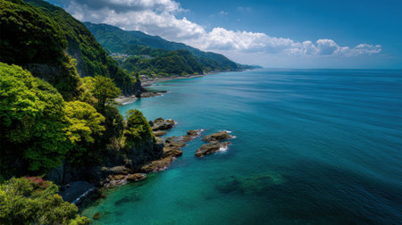 A beautiful blue ocean with a rocky shoreline. The sky is clear and the sun is shiningの素材