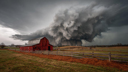 A red barn sits in a field with a storm in the distance. The barn is surrounded by a fence and the sky is dark and cloudyの素材