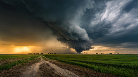 A storm is brewing in the distance, with dark clouds looming over a field. The sky is filled with lightning and the air is heavy with the smell of rain. Scene is ominous and forebodingの素材