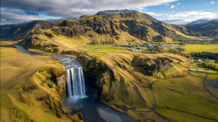 A breathtaking waterfall flows down rocky terrain surrounded by vibrant green fields and towering mountains.の素材