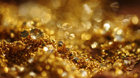 Golden grains sparkle under the sunlight, reflecting light in various directions. Small gemstones are scattered among the sand, enhancing the beauty and allure of the natural landscape.の素材