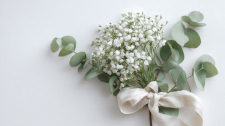 A delicate arrangement features white babys breath flowers surrounded by vibrant eucalyptus leaves, all tied neatly with a soft, cream ribbon against a light backdrop.の素材