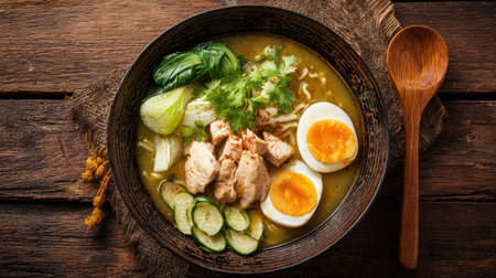 A bowl of soup with chicken, egg, and vegetables. The bowl is on a wooden tableの素材