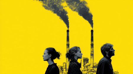 Three people are standing in front of a yellow background with a factory in the backgroundの素材