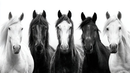 A group of horses with one white and four black. The horses are all facing the camera. The black horses are all different sizes and the white horse is the smallestの素材
