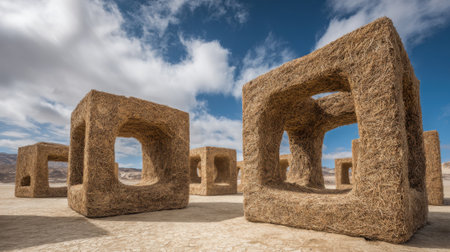 A group of sculptures made of straw are arranged in a field. The sculptures are all different sizes and shapes, with some having holes in them. Scene is one of simplicity and natural beautyの素材