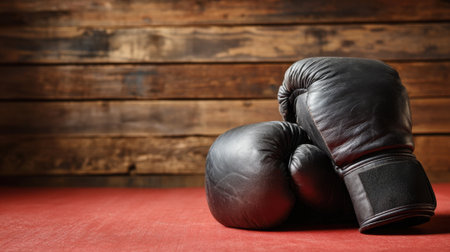 Two black boxing gloves are placed on a red mat. The gloves are positioned in a way that they are facing each other, as if they are ready for a match. Concept of anticipation and excitementの素材