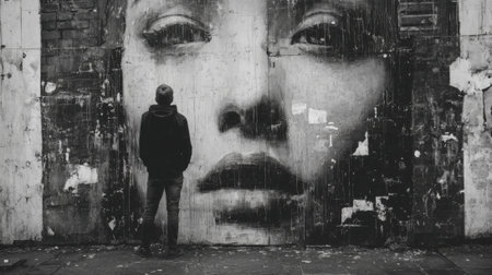 A man stands in front of a large painting of a woman's face. The painting is black and white and he is a portrait of a womanの素材