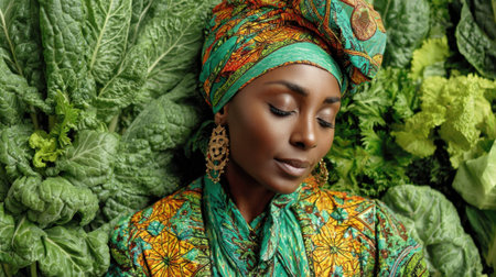 A woman wearing a colorful head scarf is laying on a bed of greens. The greens are mostly lettuce, but there are also some other vegetables mixed in. The woman is relaxed and comfortableの素材