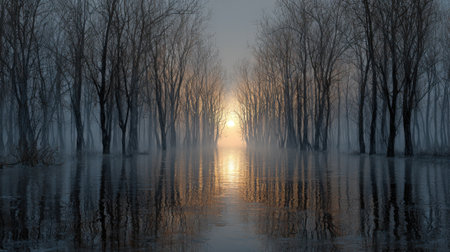 A forest with a lake in the middle. The sun is setting and the water is calm. The trees are tall and the sky is cloudyの素材