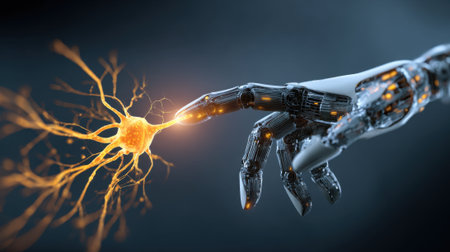 A robot hand is reaching out to touch a glowing brain. Concept of curiosity and wonder about the workings of the human mindの素材