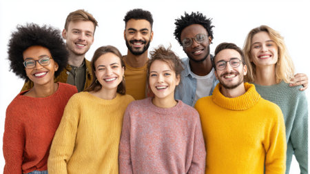A group of people are smiling and posing for a photo. The group is diverse, with people of different races and genders. Scene is happy and friendly, as everyone is enjoying the momentの素材