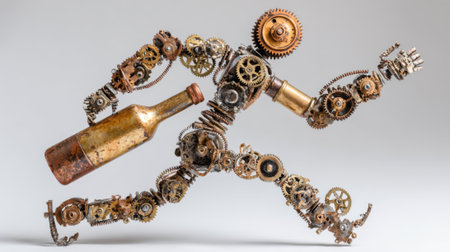 A mechanical figure made of gears and springs is depicted running with a bottle of wine in his hand. The bottle is a bottle of wine, which adds a sense of sophistication and elegance to the sceneの素材