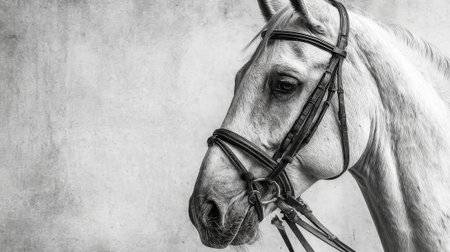 A horse with a bridle on its head. The horse is white and the bridle is blackの素材
