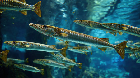 A group of sleek fish glides through clear blue water in an aquarium. Their reflective scales shimmer as they swim, highlighting the beauty of ocean life.の素材