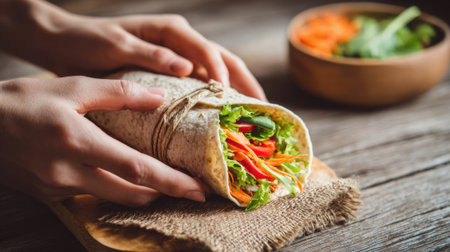 A person is holding a wrap with lettuce and carrots in their hand. The wrap is on a wooden table next to a bowl of saladの素材