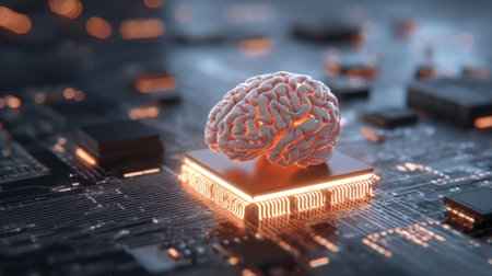 A computer chip with a brain on top of it. The brain is glowing and the chip is glowing as well. Concept of technology and the human brain working togetherの素材