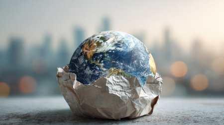A paper ball with a globe on top of it. The globe is slightly deflated and the paper ball is crumpled. Concept of fragility and vulnerability, as the paper ball is easily crushedの素材