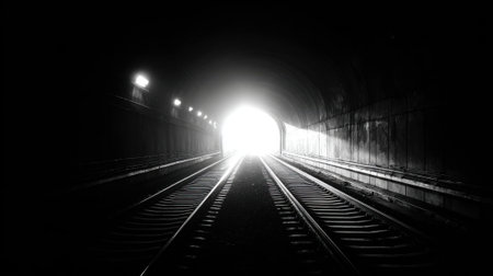 A tunnel with a light shining through it. The tunnel is dark and the light is the only source of illuminationの素材