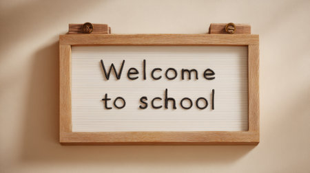 A wooden sign that says "Welcome to School" is hanging on a wall. The sign is white and has black lettersの素材