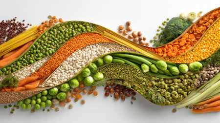 A colorful display of various vegetables and grains arranged in a long line. Concept of abundance and variety, showcasing the diverse range of healthy food options availableの素材
