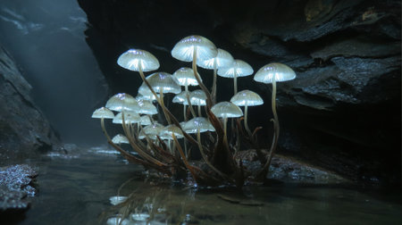 A group of glowing mushrooms are growing in a dark cave. The scene is mysterious and eerie, with the glowing mushrooms casting an otherworldly light on the surrounding areaの素材