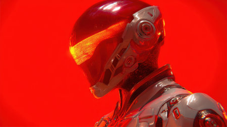 A person wearing a helmet with a red background. The helmet is glowing and the person is standing in front of a red wallの素材