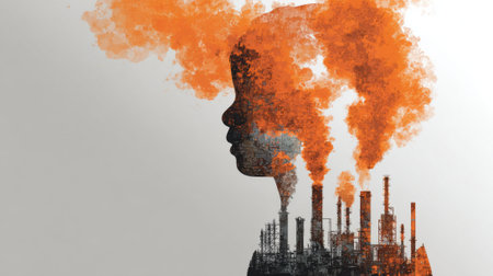 A girl's face is shown with a lot of smoke and fire behind her. The image is meant to convey the idea of pollution and its effects on the environmentの素材