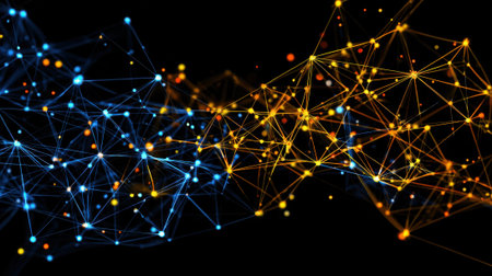 A colorful, abstract image of lines and dots that appear to be connected in a web-like patternの素材