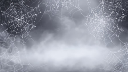 Delicate cobwebs glisten with morning dew, framed by a mysterious fog. The soft light enhances the beauty of the scene in a tranquil setting, showcasing nature's artistry.の素材