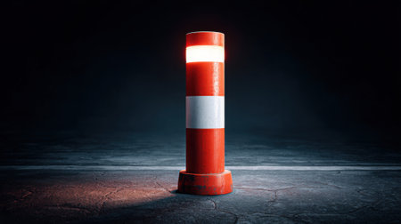 A red and white traffic sign is lit up. The sign is on a dark road. The sign is lit up to warn drivers of a potential hazardの素材