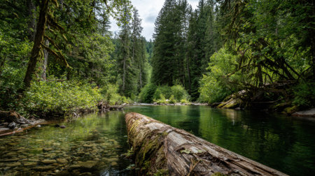 A forest with a stream running through it. The water is clear and the trees are lush and greenの素材