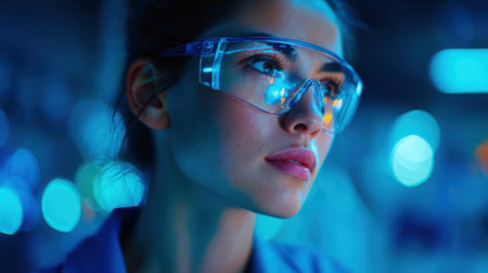 A woman wearing blue glasses is looking at something in the distance. The image has a futuristic and somewhat mysterious vibe, with the blue lighting and the woman's focused gazeの素材