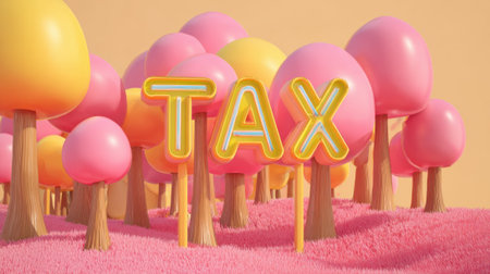 A cartoonish image of trees with the word TAX written in neon yellow letters. The image has a playful and whimsical mood, with the bright colors and the use of cartoonish shapesの素材