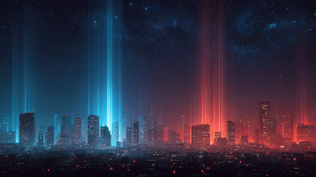 A cityscape with blue and red lights and a starry sky. The blue and red lights create a sense of contrast and energy, while the starry sky adds a sense of wonder and mysteryの素材