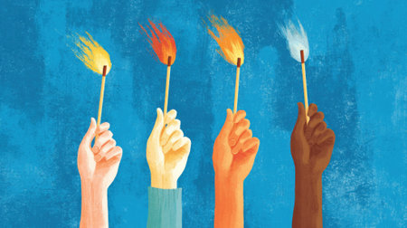 A painting of four hands holding a lighter with the words "Light the fire" written below. The painting has a message of unity and hopeの素材