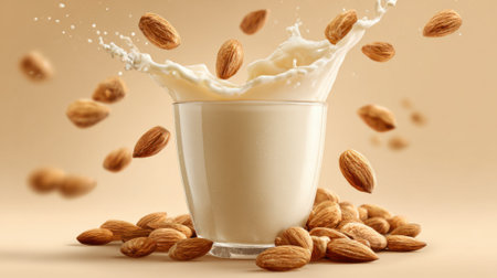 A glass of milk with a lot of almonds floating in it. The scene has a playful and whimsical moodの素材