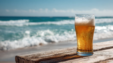 A glass of beer is sitting on a wooden table by the ocean. The glass is half full and the ocean is visible in the background. Concept of relaxation and leisure, as the beach settingの素材