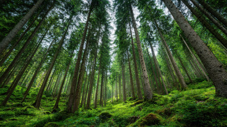 A forest with tall trees and a bright green sky. The trees are full of leaves and the sky is clearの素材