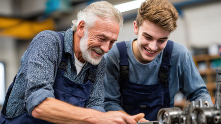 A man and a young man are working on a machine together. The older man is smiling and the younger man is laughing. Scene is lighthearted and friendlyの素材