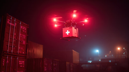 A red and white drone with a cross on it is flying over a warehouse. The scene is dark and mysterious, with the drone flying low to the groundの素材